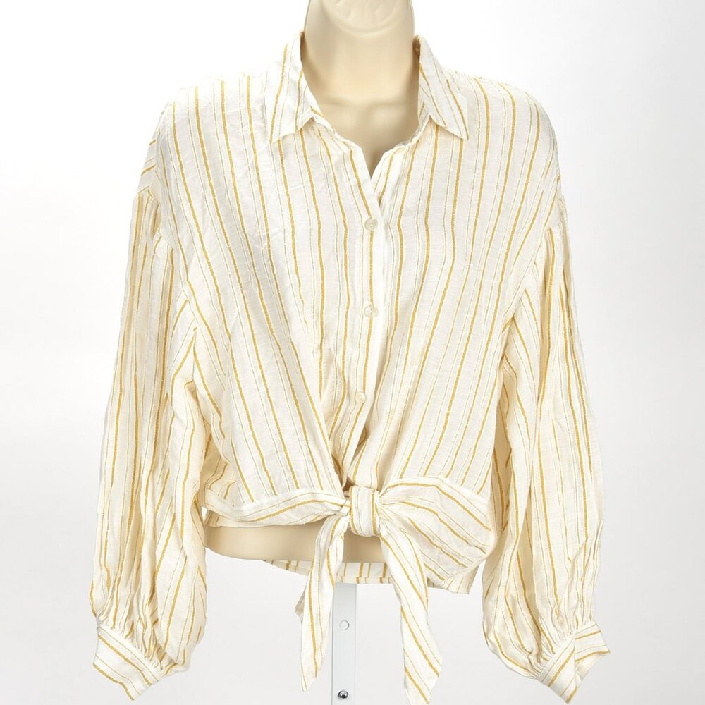 Anthropologie Yellow Striped Tie Front Button Down Blouse Size 6